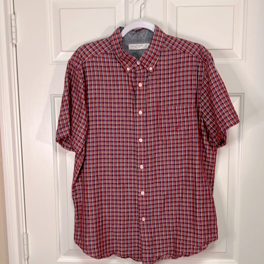 NAUTICA Men’s Short-sleeved Classic Fit Red & Blue Plaid Linen/Cotton Shirt Sz L